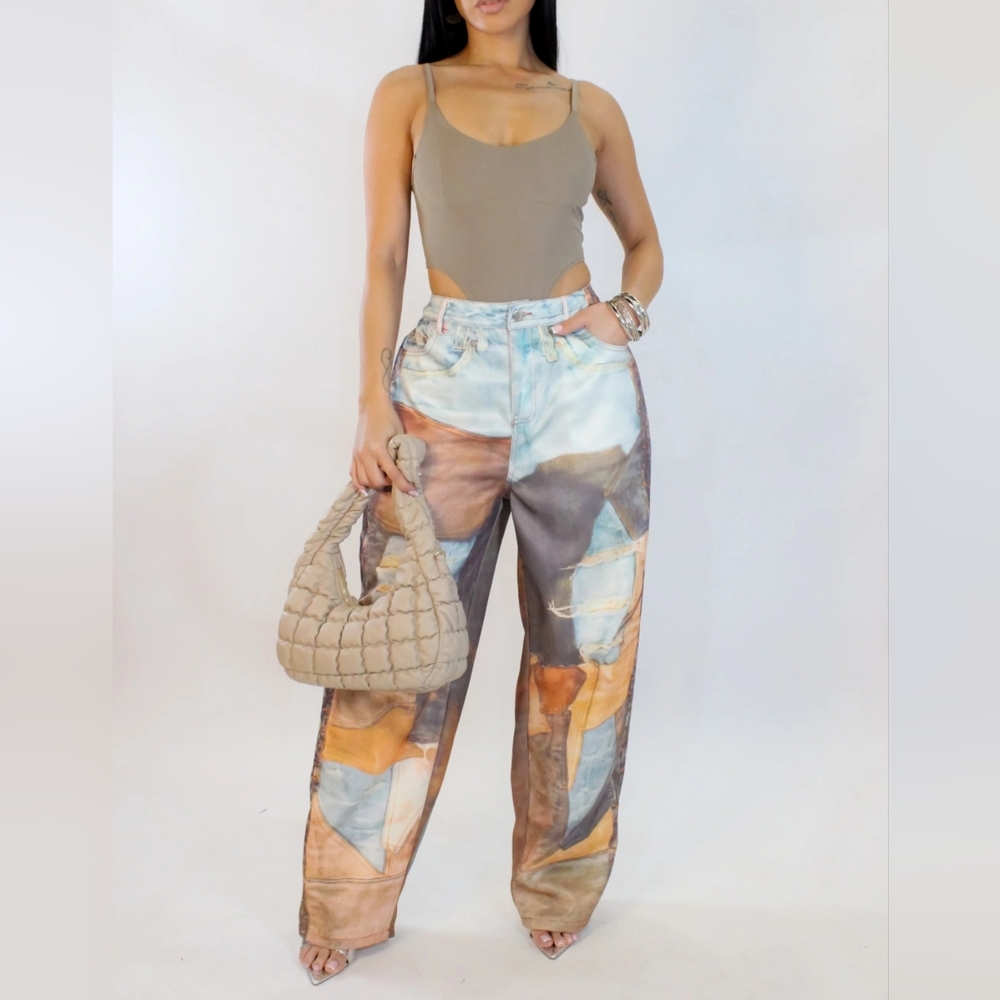 041. Stylish Abstract Print Wide-Leg Faux Jean